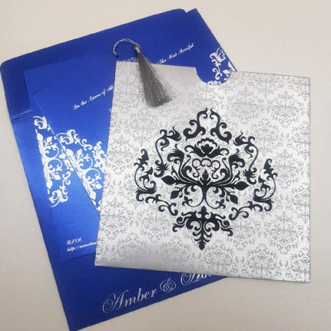 Silver & Blue Damask Designed Pocket Invitation with Silver Tassel: W-1207