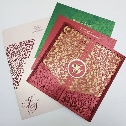 Maroon Laser Cut Gate Fold Invitation with Laser Cut Motif: L-140GR