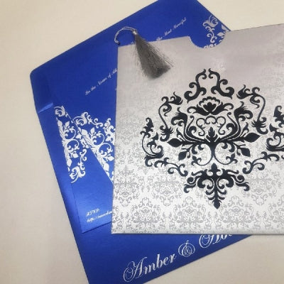 Silver & Blue Damask Designed Pocket Invitation with Silver Tassel: W-1207