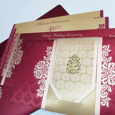 Modern Indian Wedding Invitation with Golden Belt and Laser Cut Motif: W-998