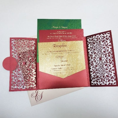 Maroon Laser Cut Gate Fold Invitation with Laser Cut Motif: L-140GR